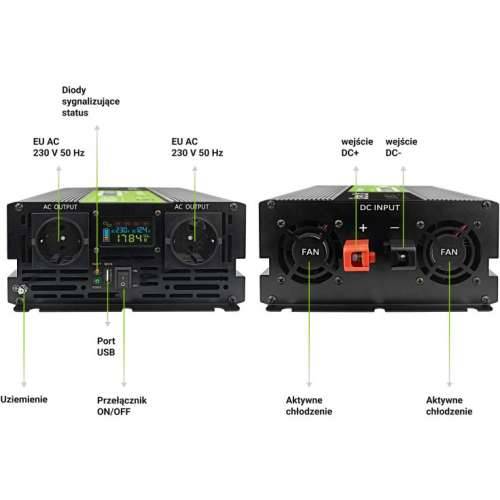 Green Cell car voltage converter power inverter 12V > 230V 2000W/4000W USB/2x socket/display black Cijena