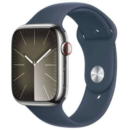 Apple Watch Series 9 LTE 45mm Stainless Steel Silver Sport Band Storm Blue S/M